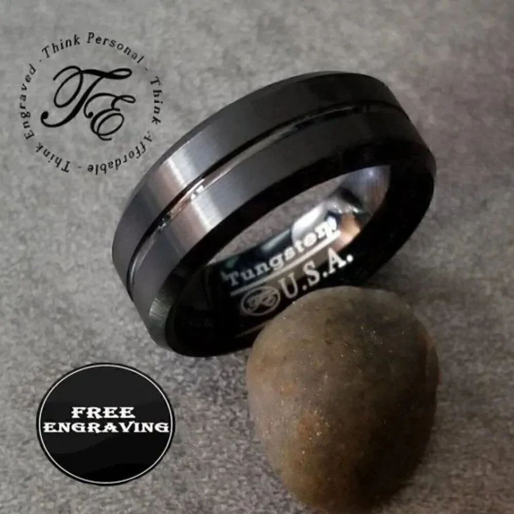 Personalized Engraved Men's Black Tungsten Wedding Ring Black Line Center Groove